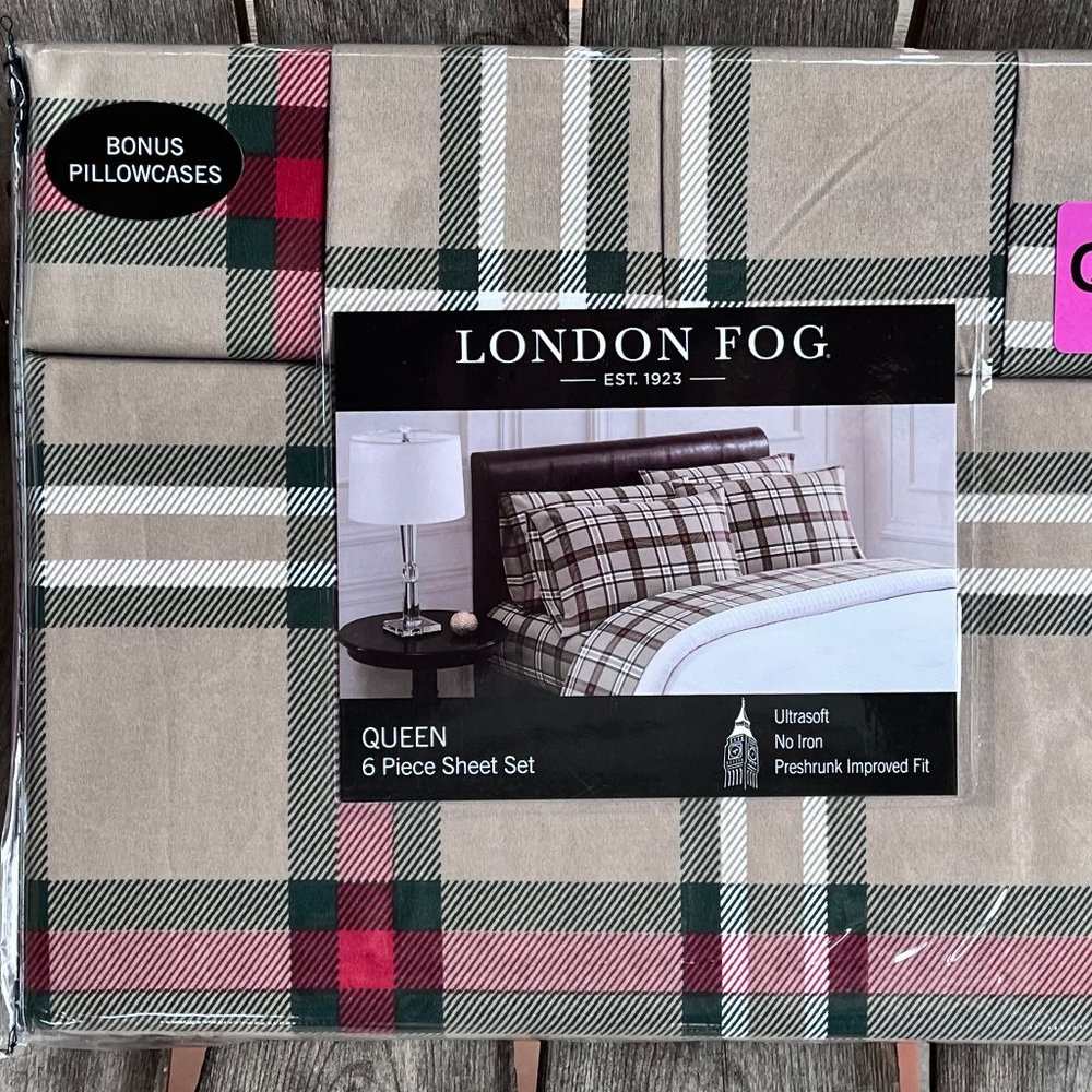 6-pc London Fog QUEEN SIZE Sheet Set - HOLIDAY Plaid - 2 EXTRA PILLOWCASES